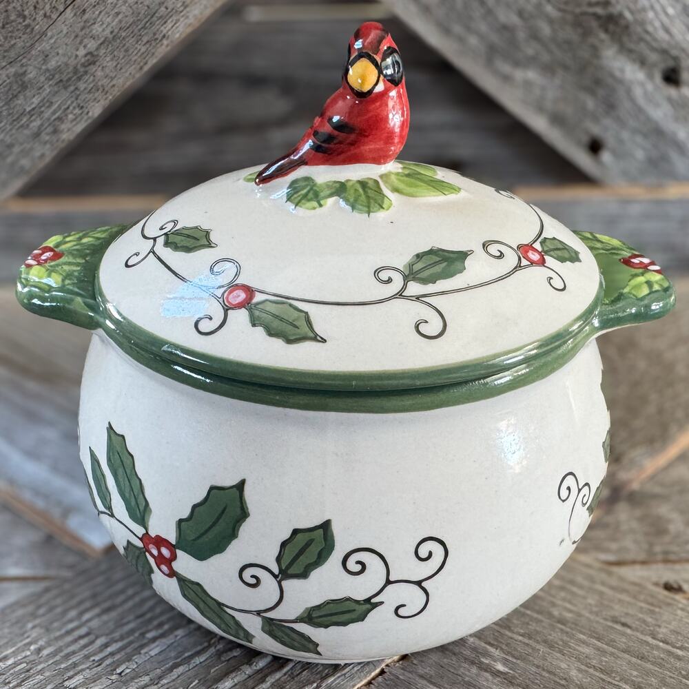 Cardinal & Holly by Temp-Tations by Tara, Ceramic Covered Soup Bowl, 18oz, Disc.